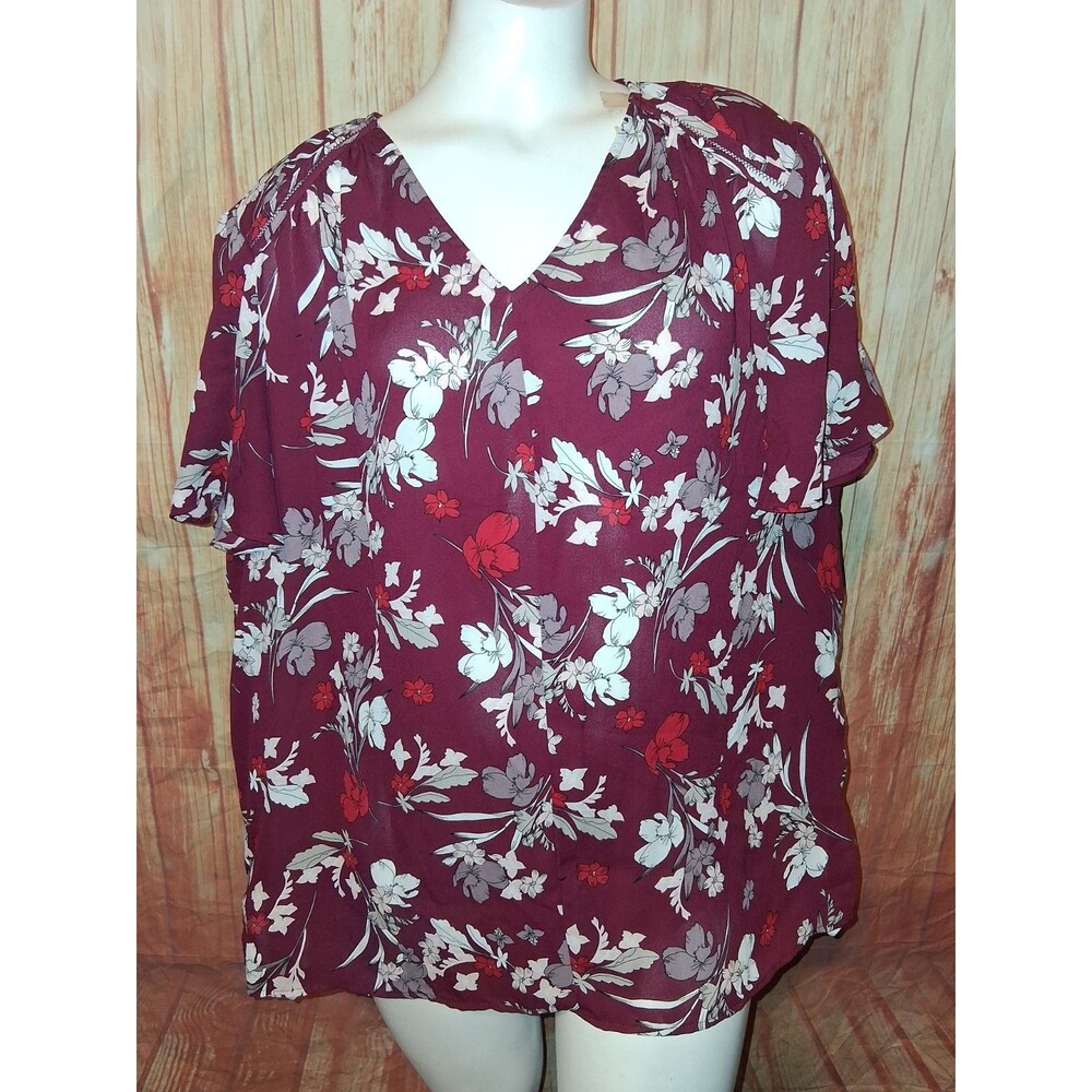 Liz Claiborne Burgundy Floral Sheer Short Sleeve V-neck Blouse Sz XL
